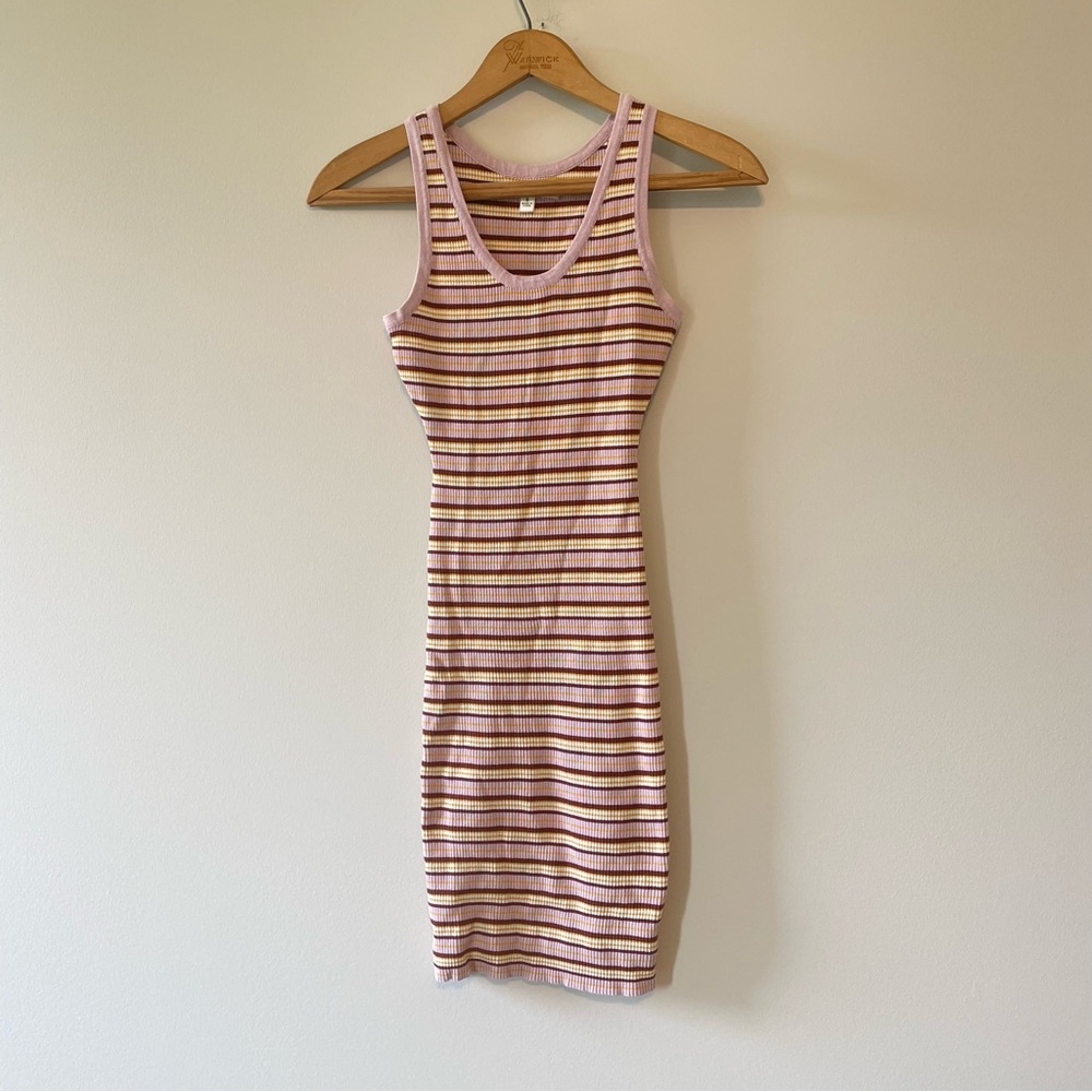 Y2K Striped Ribbed Knit Tank Dress Pink Brown Retro Indie Bodycon Mini Size S